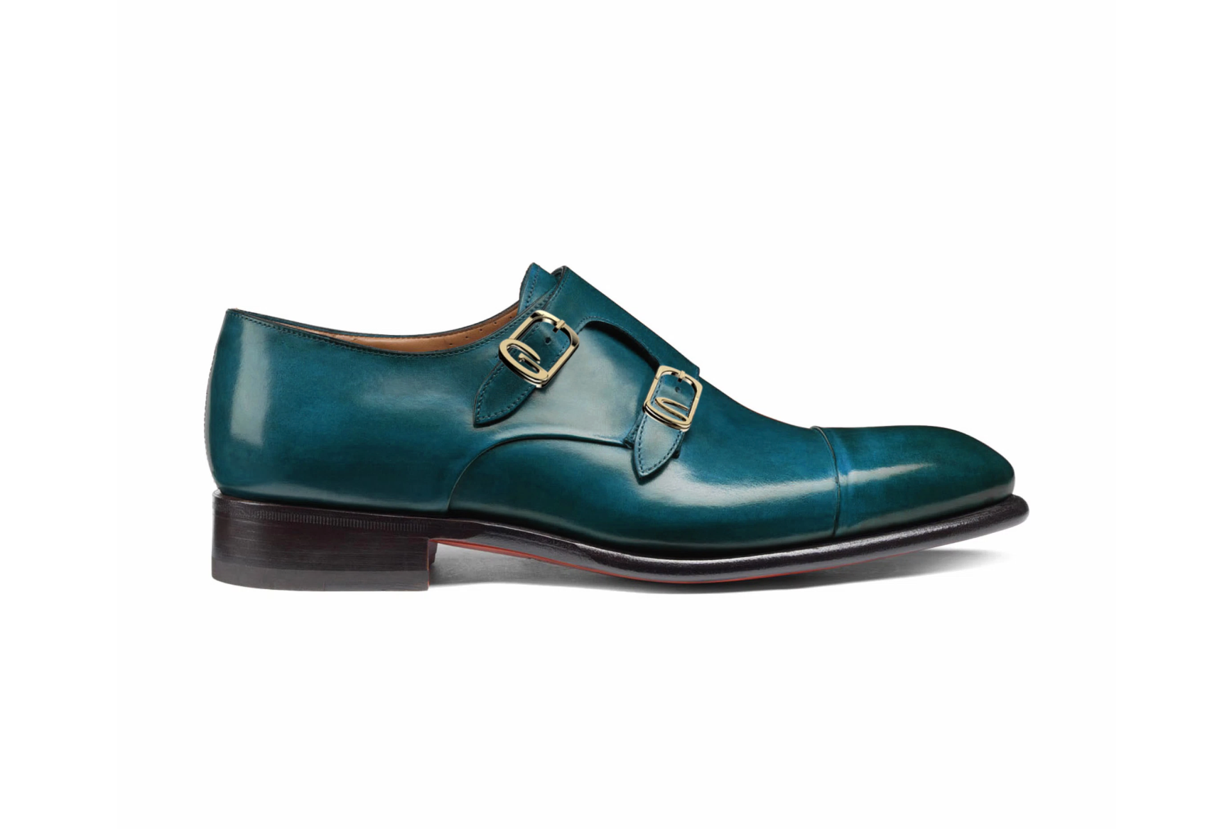 Men's dark blue-green leather double-buckle shoe