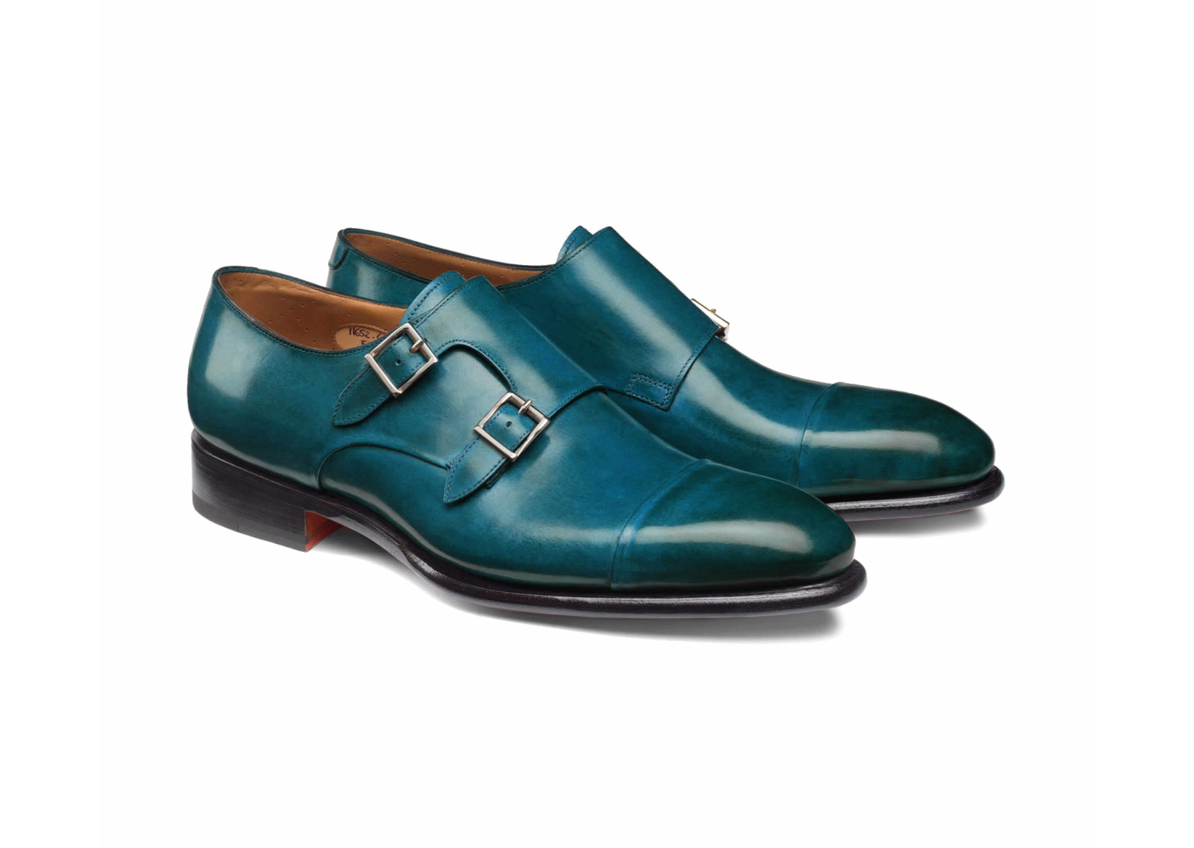 Men's dark blue-green leather double-buckle shoe