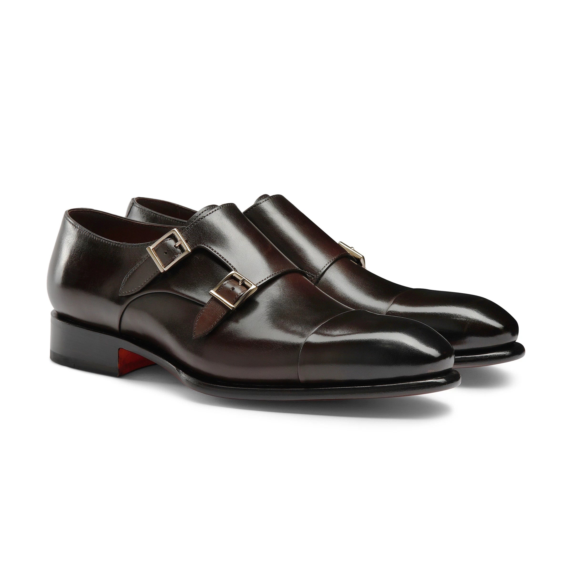 Men's polished brown leather double-buckle shoe