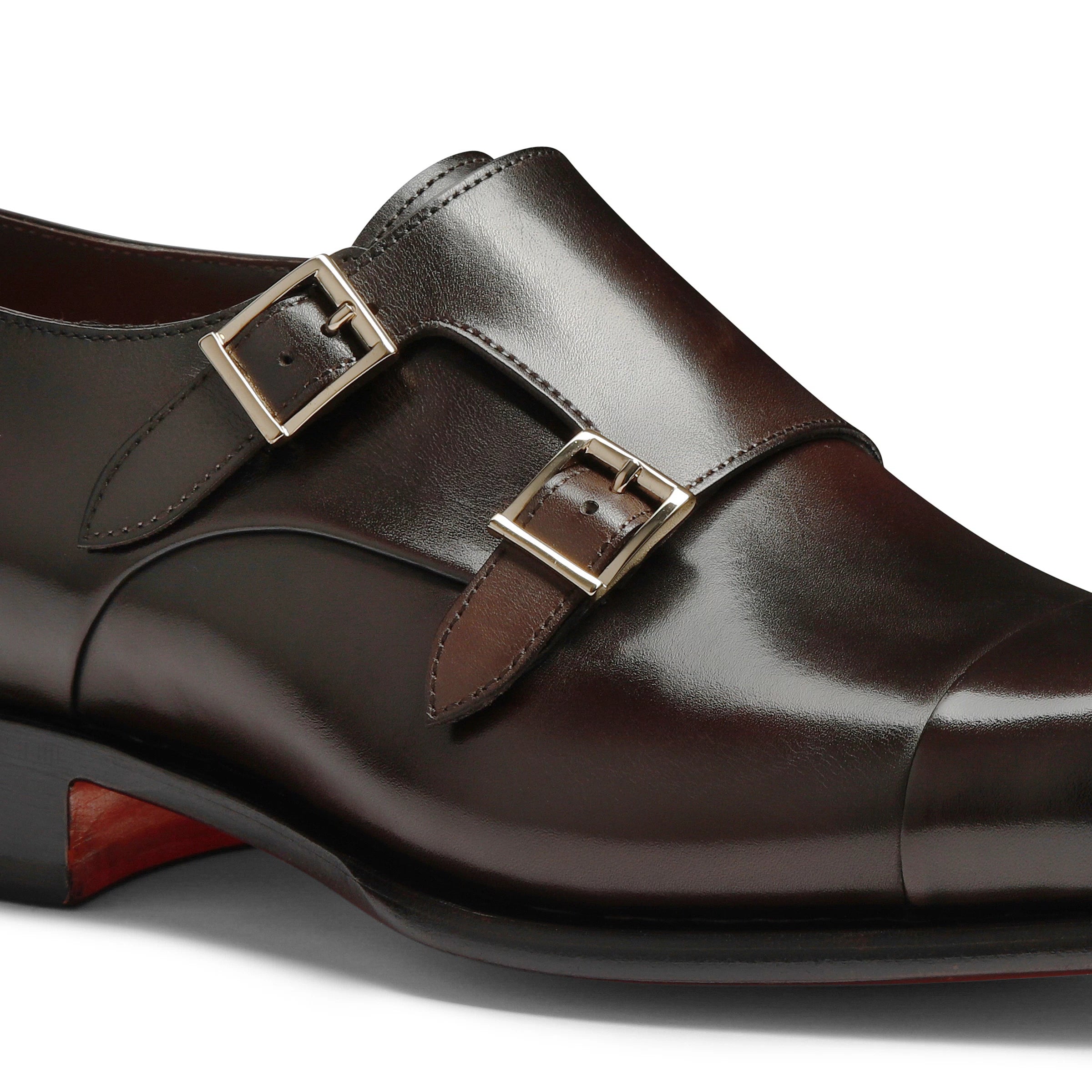 Men's polished brown leather double-buckle shoe