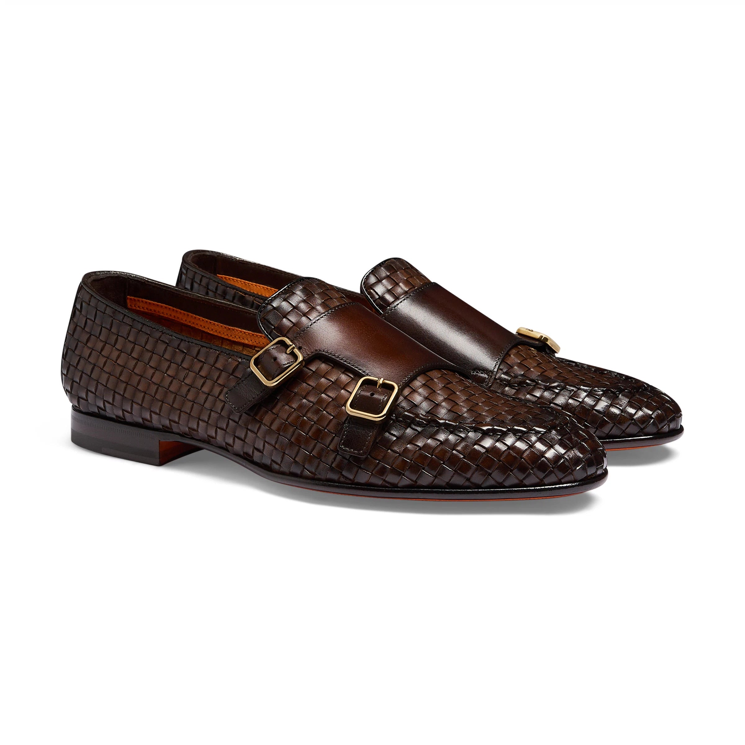Men's dark brown woven leather double-buckle loafer