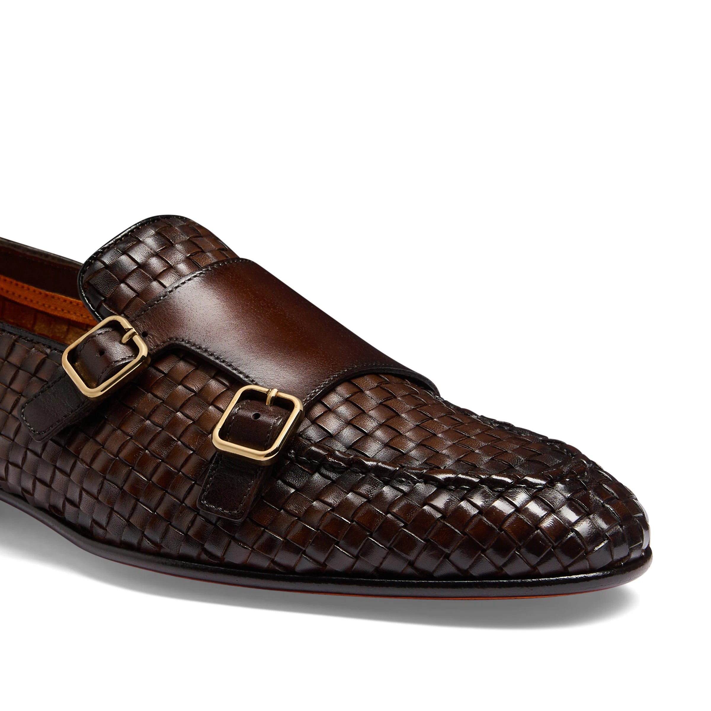 Men's dark brown woven leather double-buckle loafer