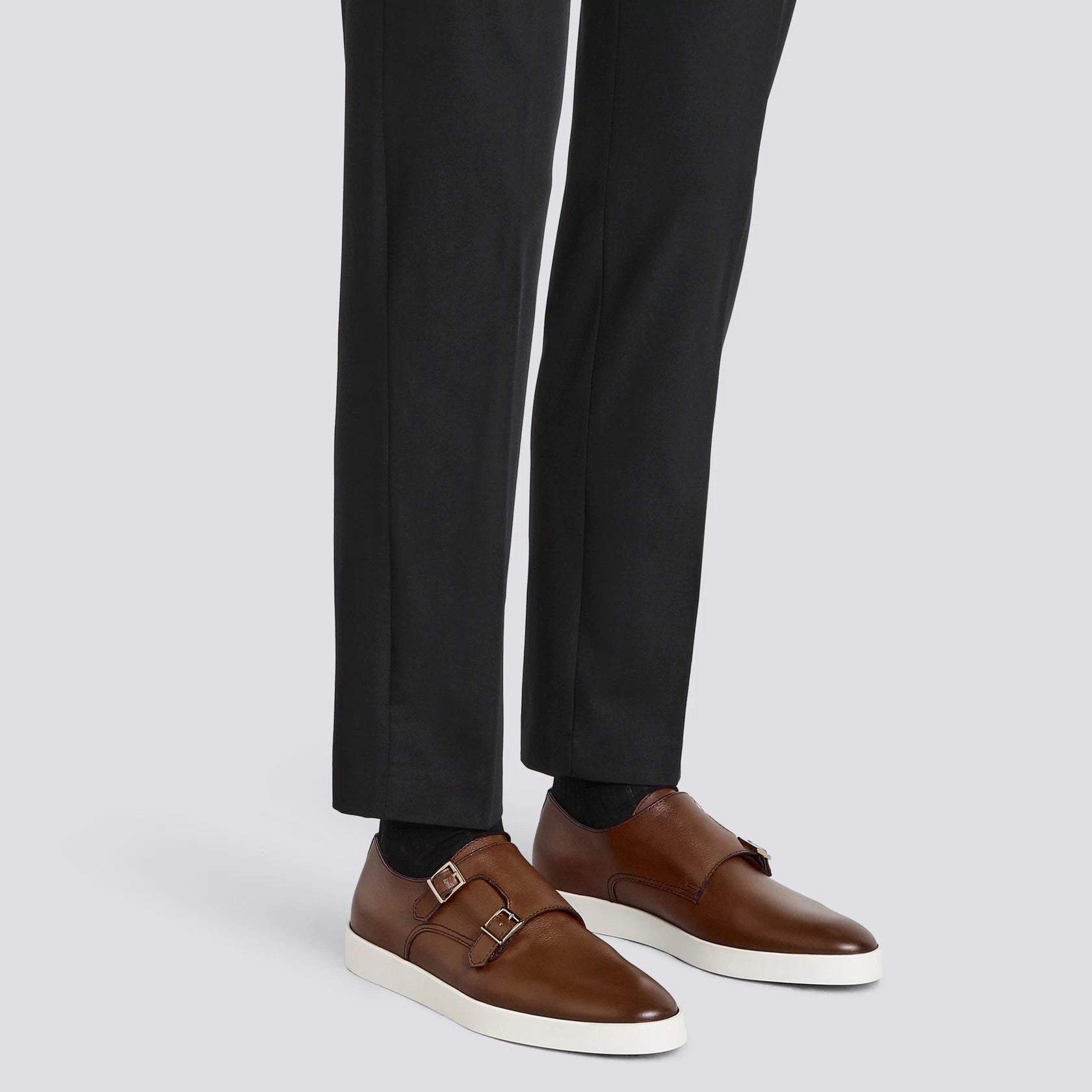 Men’s brown tumbled leather double-buckle shoe