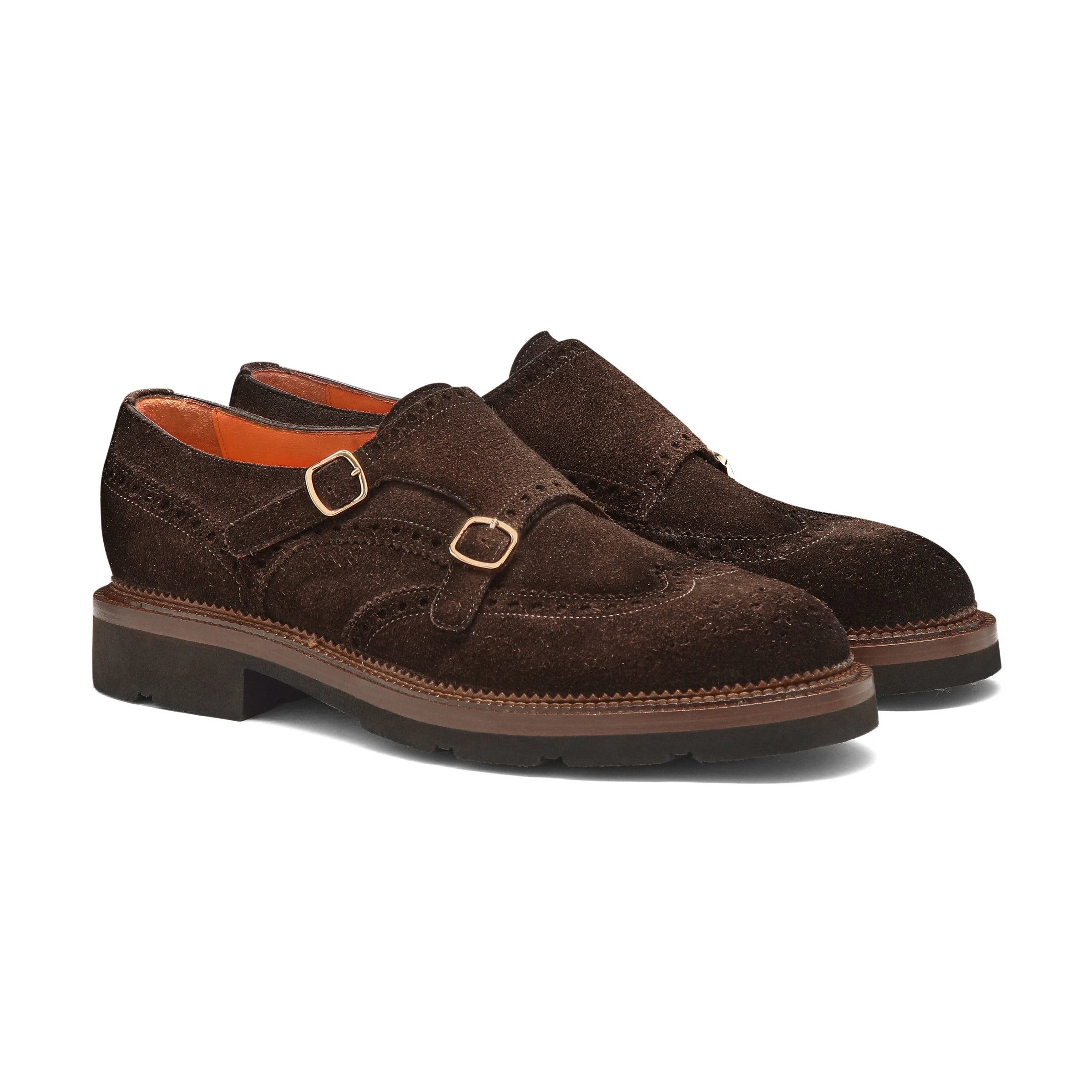 Men's dark brown suede double-buckle brogue shoe