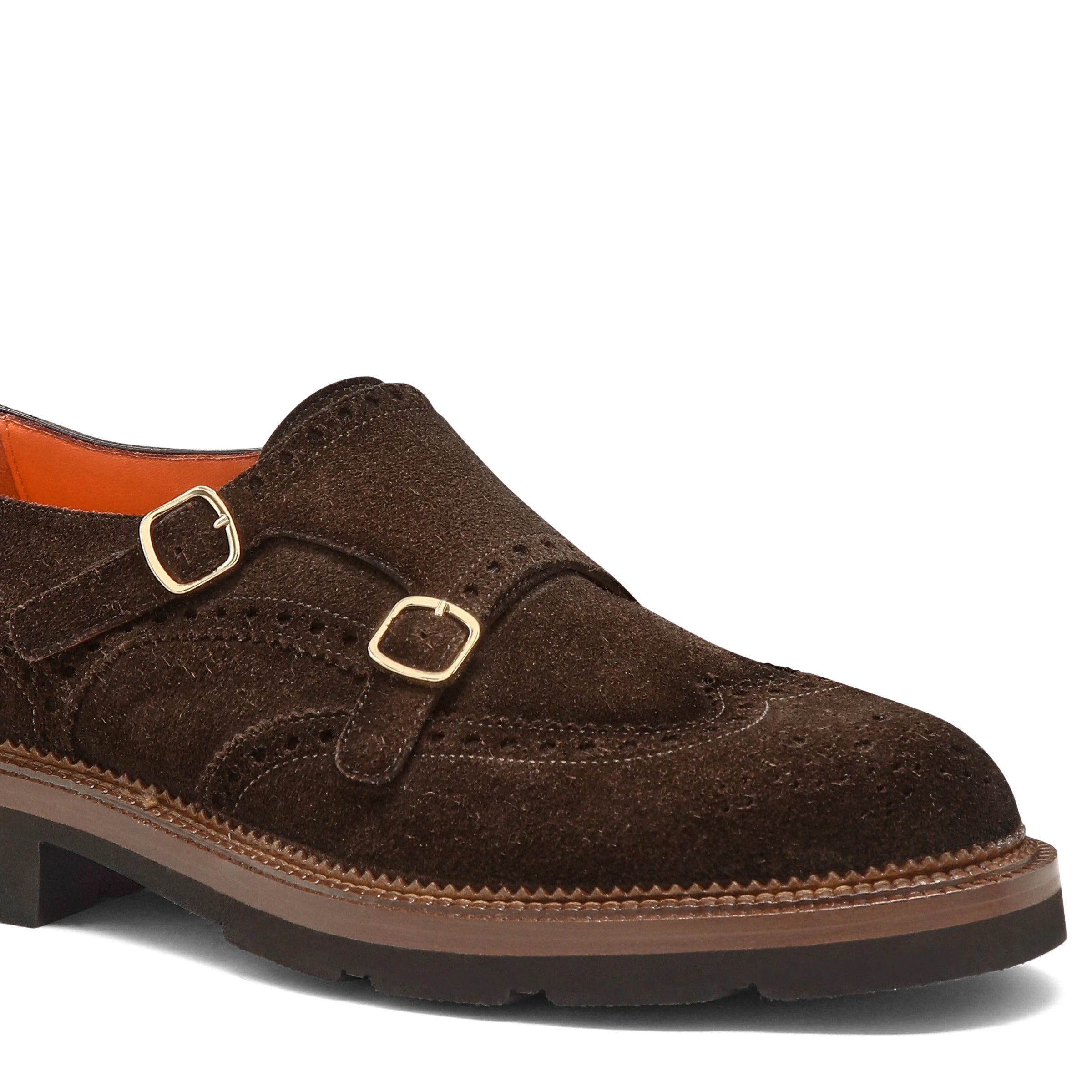 Men's dark brown suede double-buckle brogue shoe