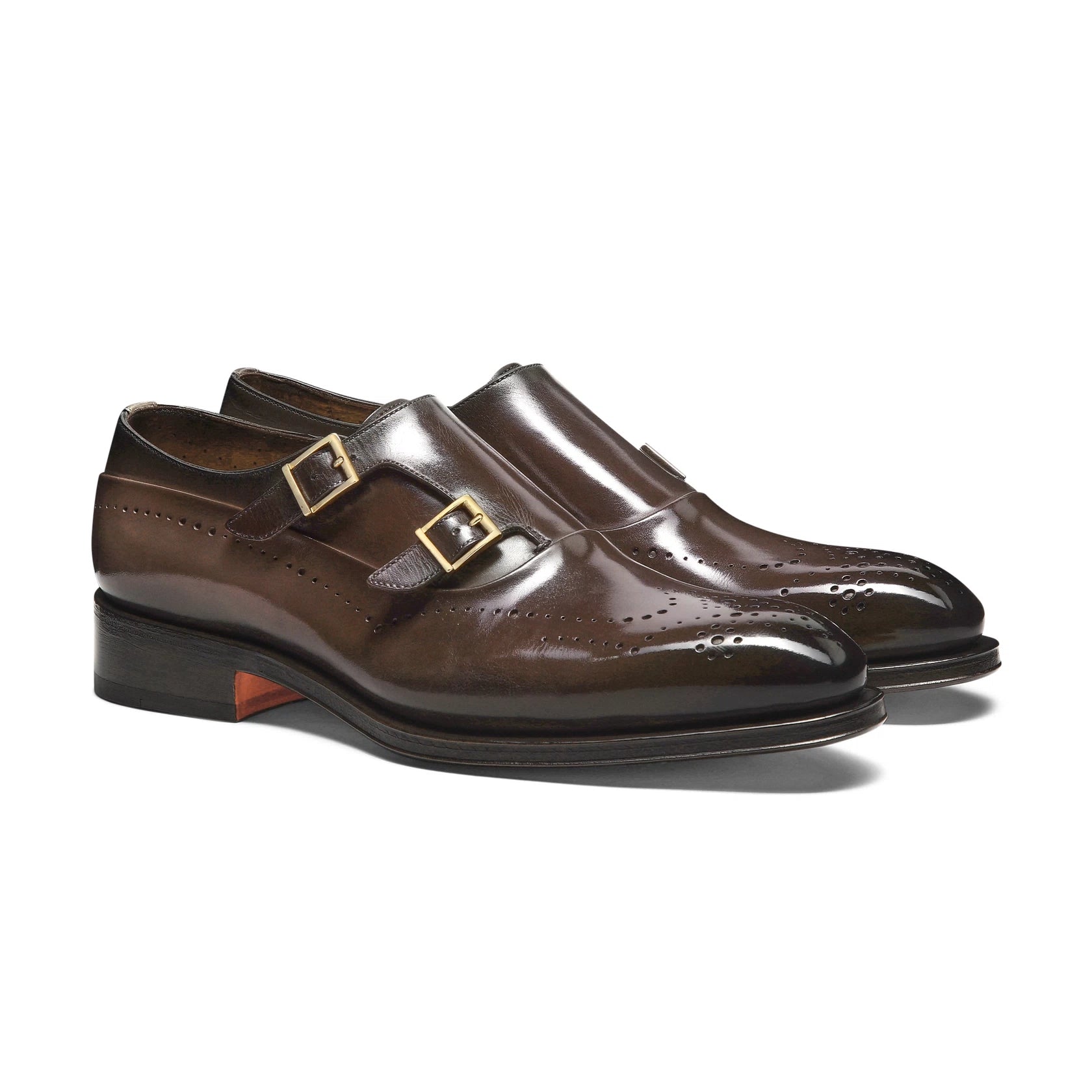 Men's brown leather double-buckle brogue shoe