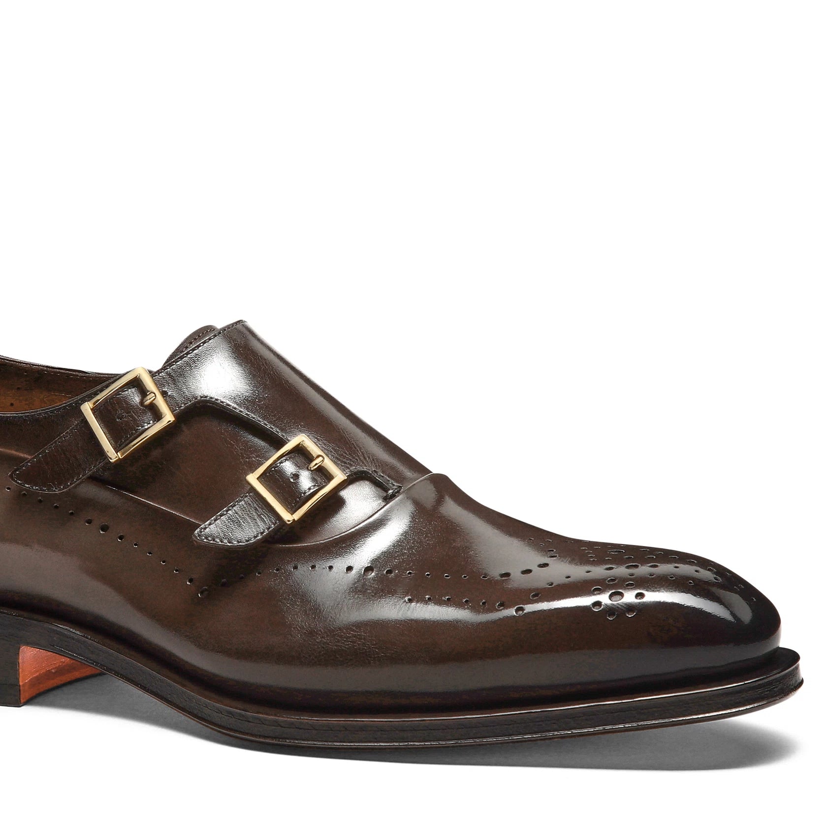 Men's brown leather double-buckle brogue shoe