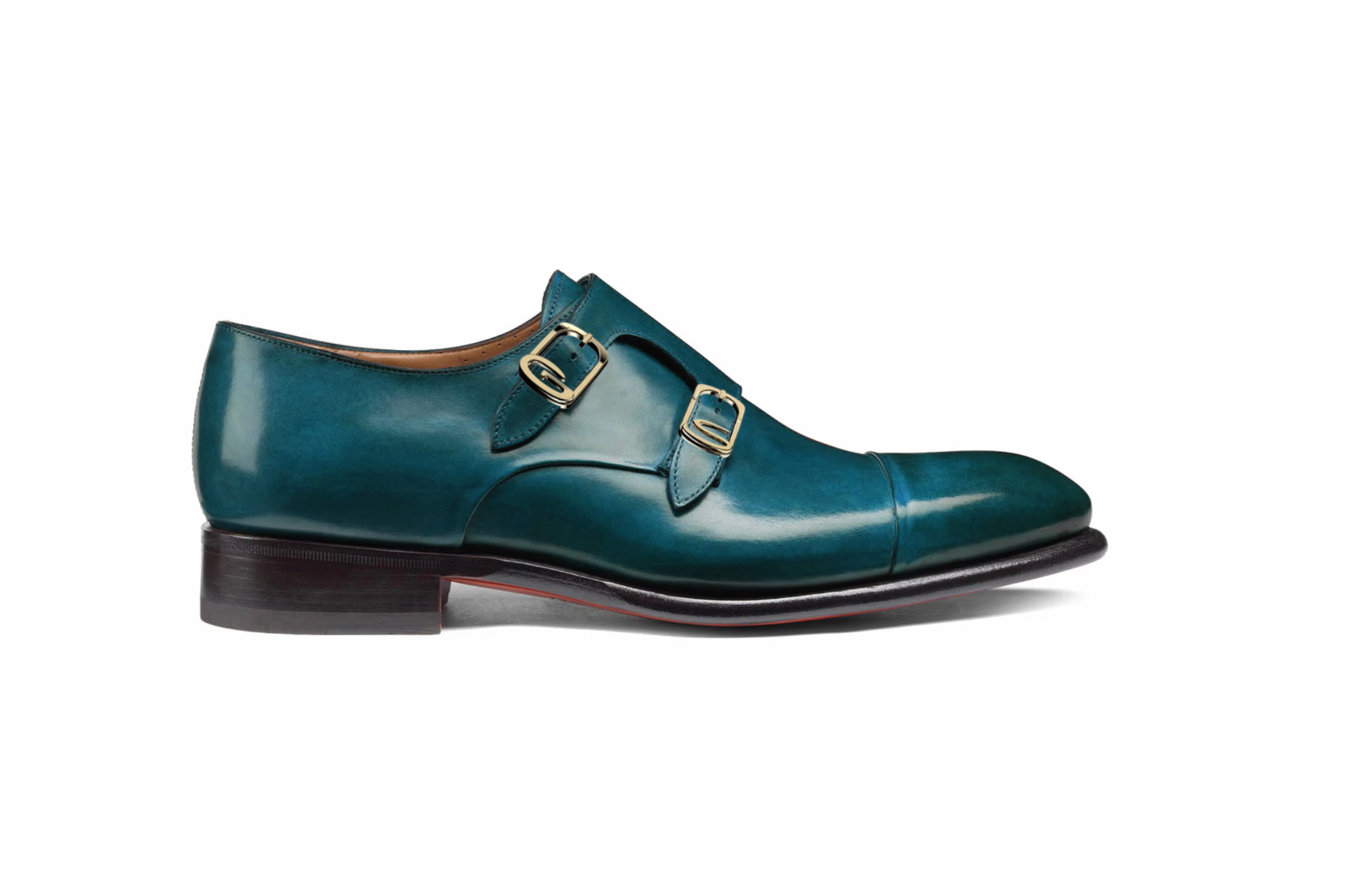 Men's dark blue-green leather double-buckle shoe