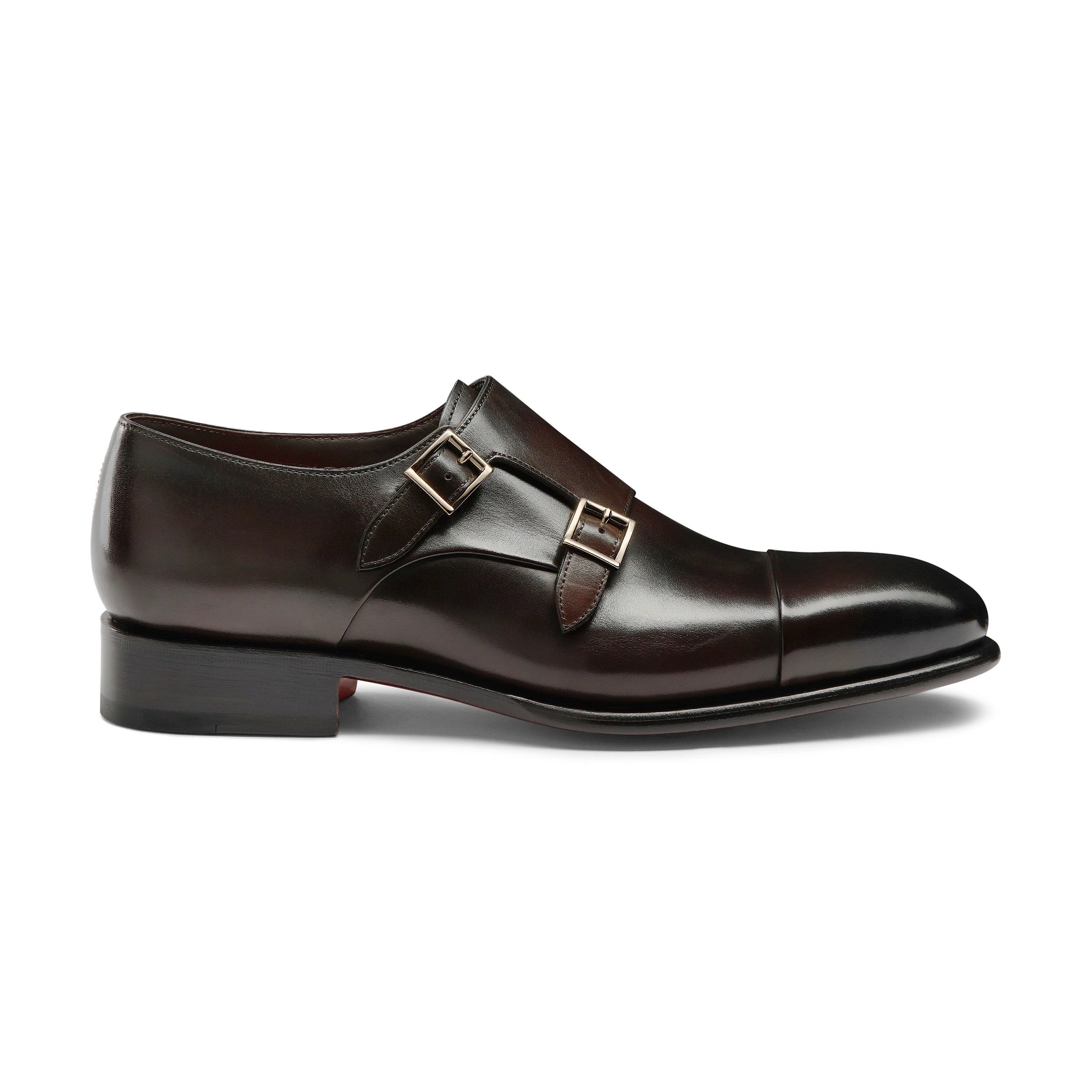 Men's polished brown leather double-buckle shoe