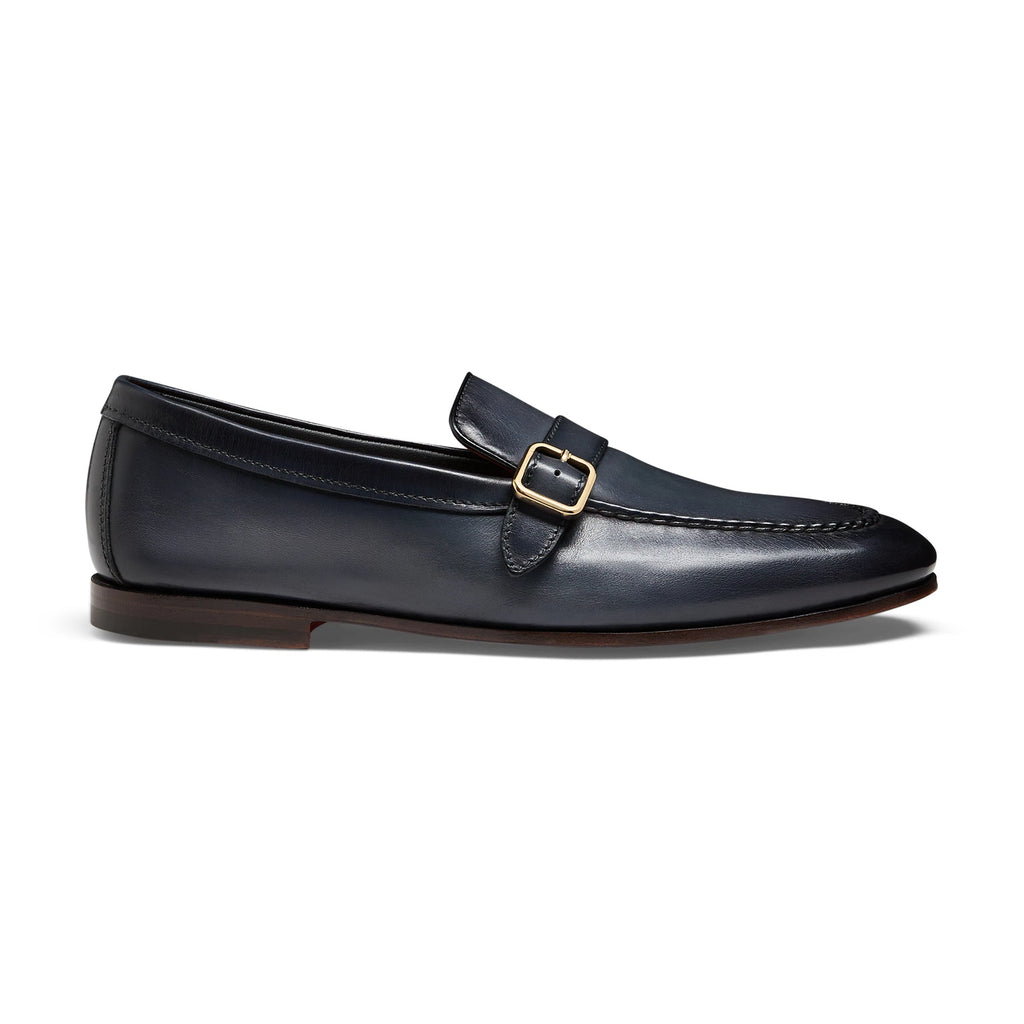 Men's blue leather single-buckle loafer