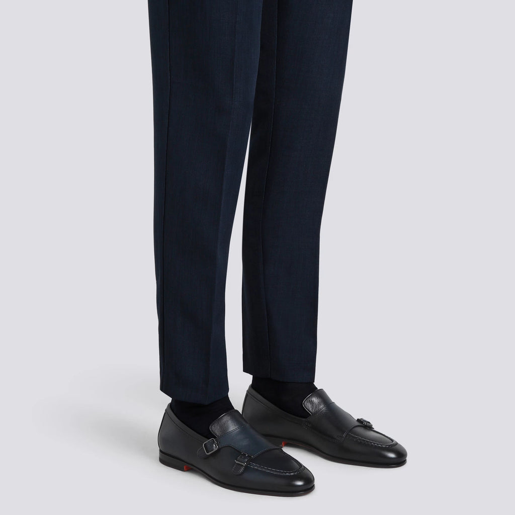 Men's polished blue leather double-buckle loafer