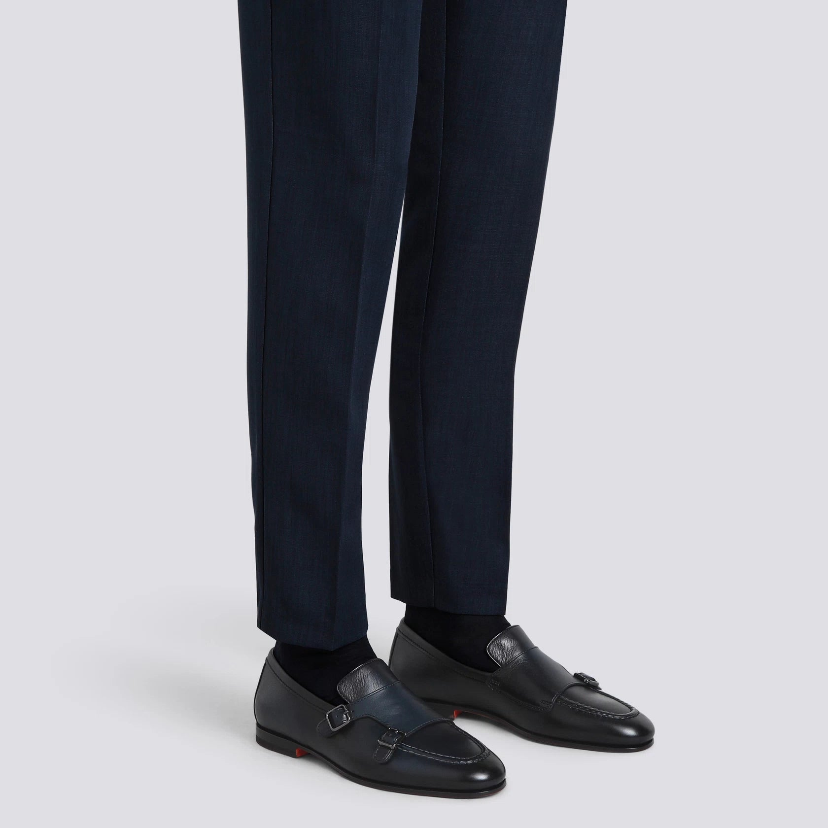 Men's polished blue leather double-buckle loafer
