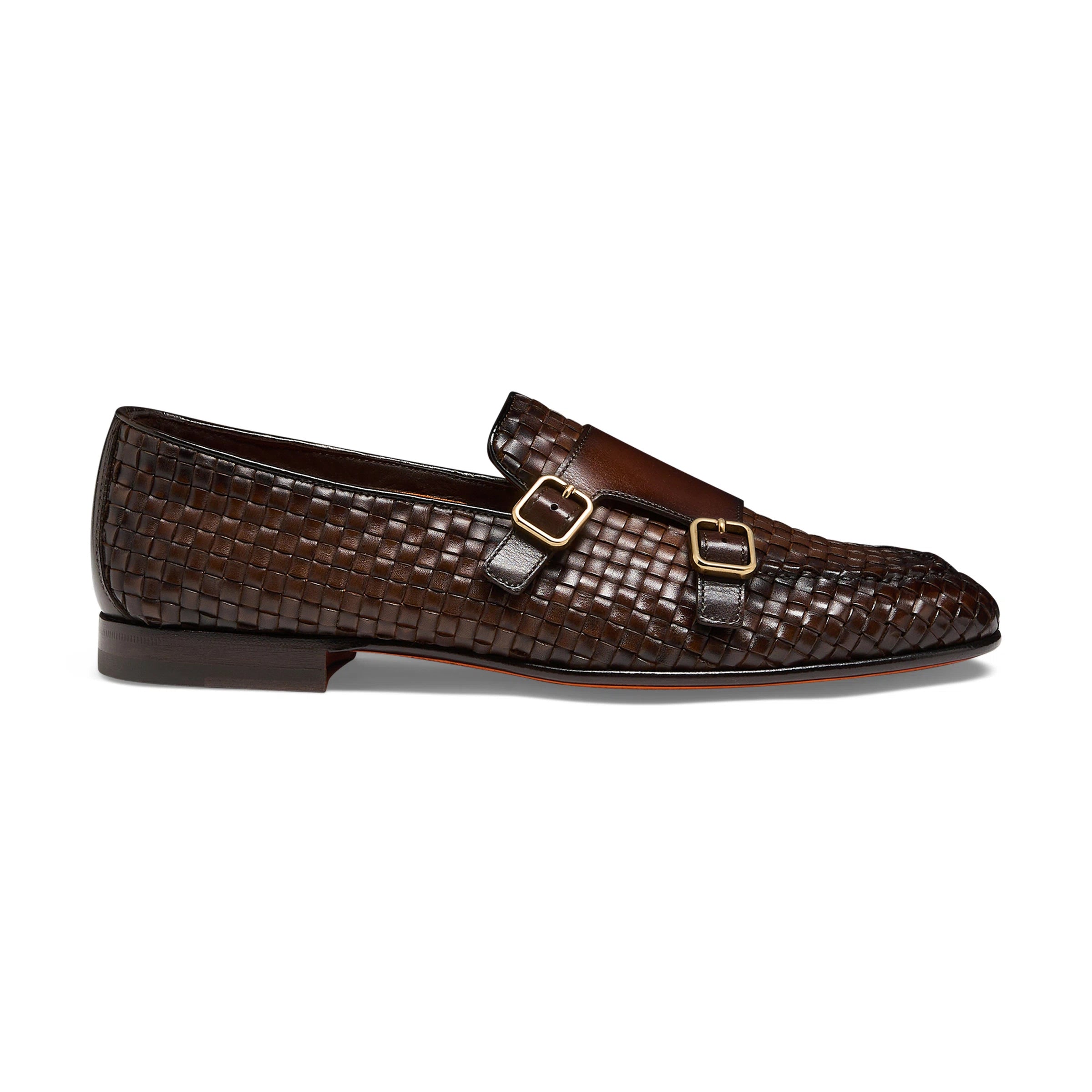 Men's dark brown woven leather double-buckle loafer
