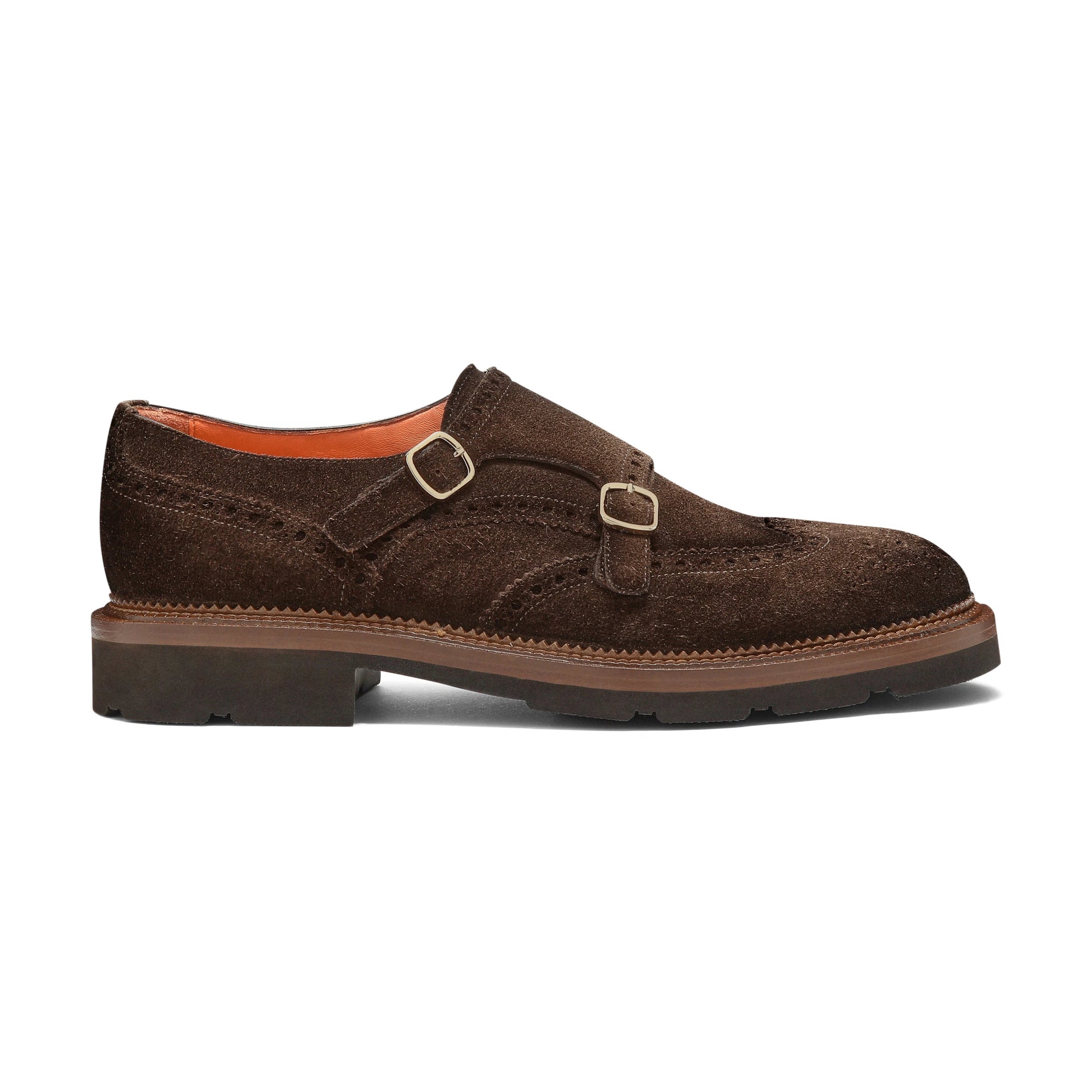 Men's dark brown suede double-buckle brogue shoe
